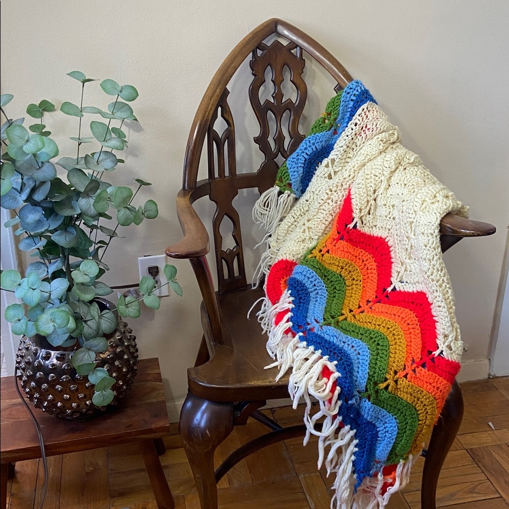 Handmade Crochet Rainbow Throw Blanket Boho Fringe Cottagecore Colorful Afghan